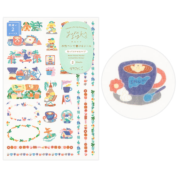 Yuru Log Writable Sticker Sheets - Coffee Shop
These stickers come in a wide variety of designs perfect for use with your notebook
They include two sheets: one large sheet perfect for writing, and one small sheet perfect for filling in the margins.
The "Coffee Shop Pattern" drawn by Mikiko Yamazato features intricate details and vibrant colors, making it an attractive design. The design is also easy to use for recording cafes or coffee.
The great thing about these stickers is that you can easily