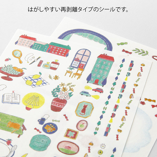 Yuru Log Writable Sticker Sheets - Lifestyle
These stickers come in a wide variety of designs perfect for use with your notebook
They include two sheets: one large sheet perfect for writing, and one small sheet perfect for filling in the margins.
The "Lifestyle Patterns" drawn by Rie Koizumi feature a design with a casual and gentle touch of colored pencils. It's easy to use subtly like an illustration, and is recommended for drawing everyday events or favorite things.
The great thing about these
