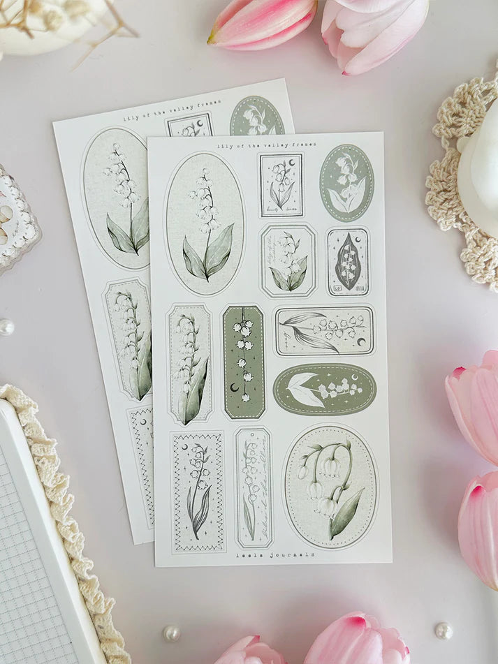 leelajournals Lily of the Valley & Frames 2 Sticker Sheet - 2 pc Set
♡ 2pc sticker sheet set - 2 large
♡ pet matte (clear)
♡ all sheet dimensions estimated: L: 4x7 (in) | S: 4x3 (in)