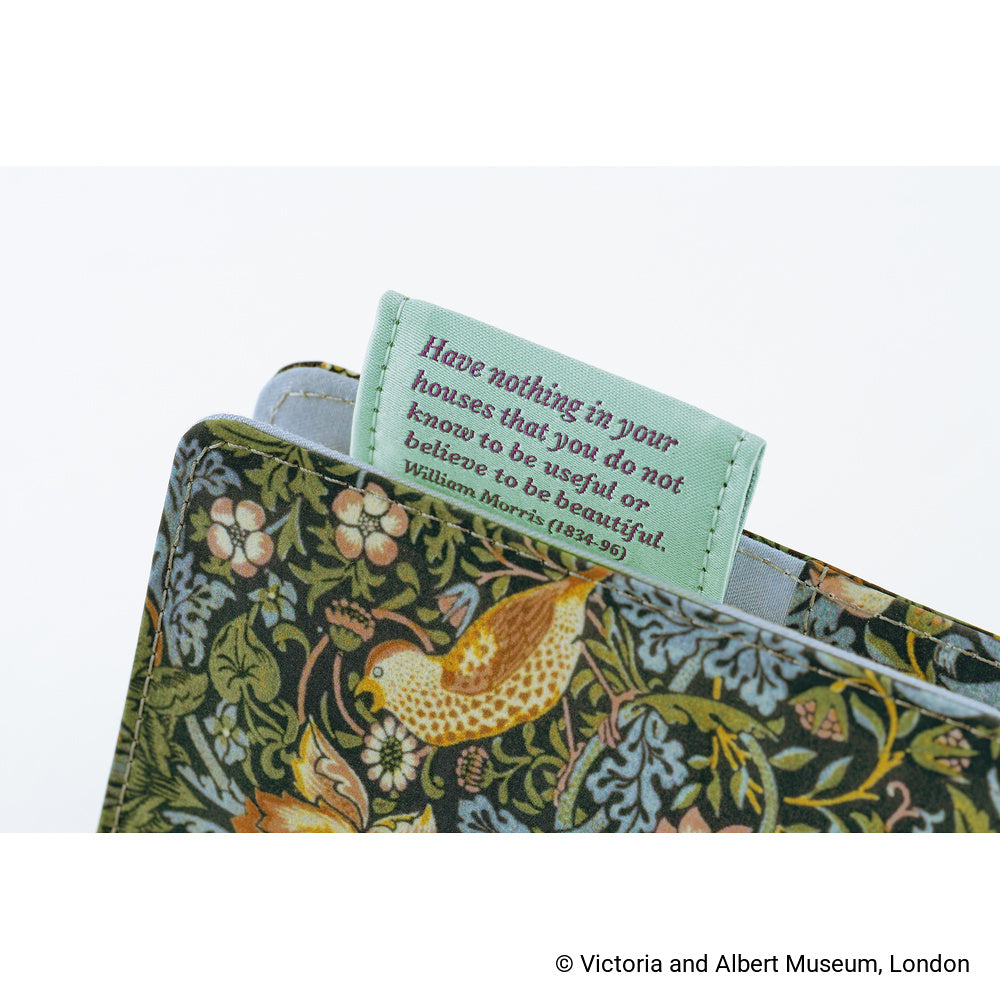 The inside is a calm blue-grey, while a woven label pen holder bears Morris’ famous words: “Have nothing in your houses that you do not know to be useful or believe to be beautiful.”