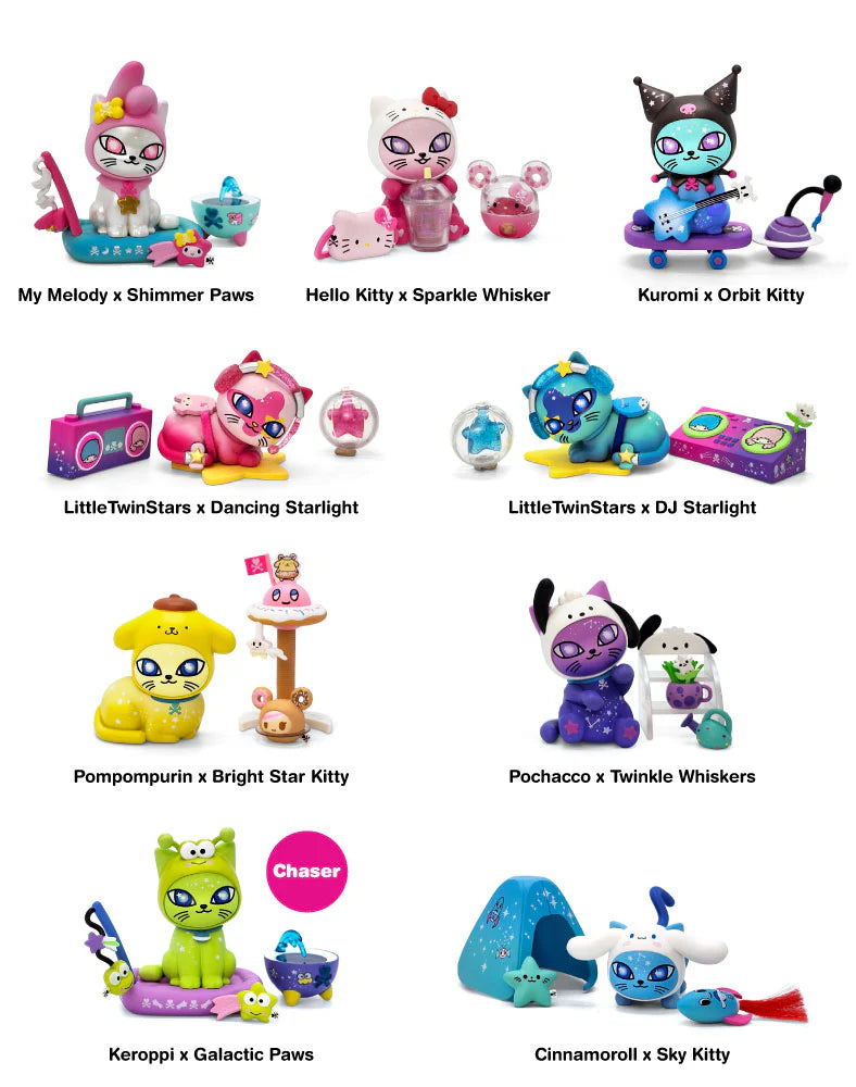 BLAST OFF into cuteness! Say hello to Galactic Cats x Hello Kitty and Friends™— a cosmic blind box collection where Hello Kitty and her adorable crew suit up for interstellar adventures with tokidoki’s Galactic Cats! There are nine celestial tokidoki Galactic Cats x Hello Kitty and Friends blind boxes to collect! Which starry surprise will you discover? Collect them all and complete your galaxy!