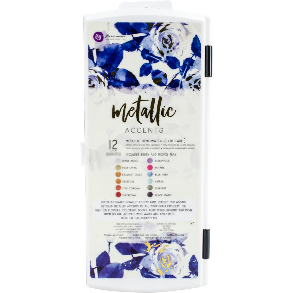 Prima Marketing Metallic Accents Semi Watercolor Paint Set. These water activated pans are perfect for adding detailed metallic accents to any craft project. Great for coloring books and more!