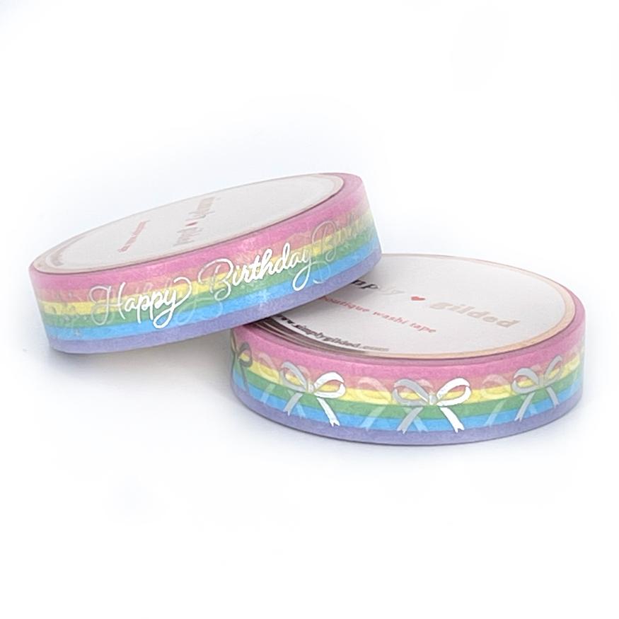 Juego Simply Gilded WASHI 10/10 mm - CUMPLEAÑOS Lazo Pastel Rayas Arcoiris + lámina plateada
