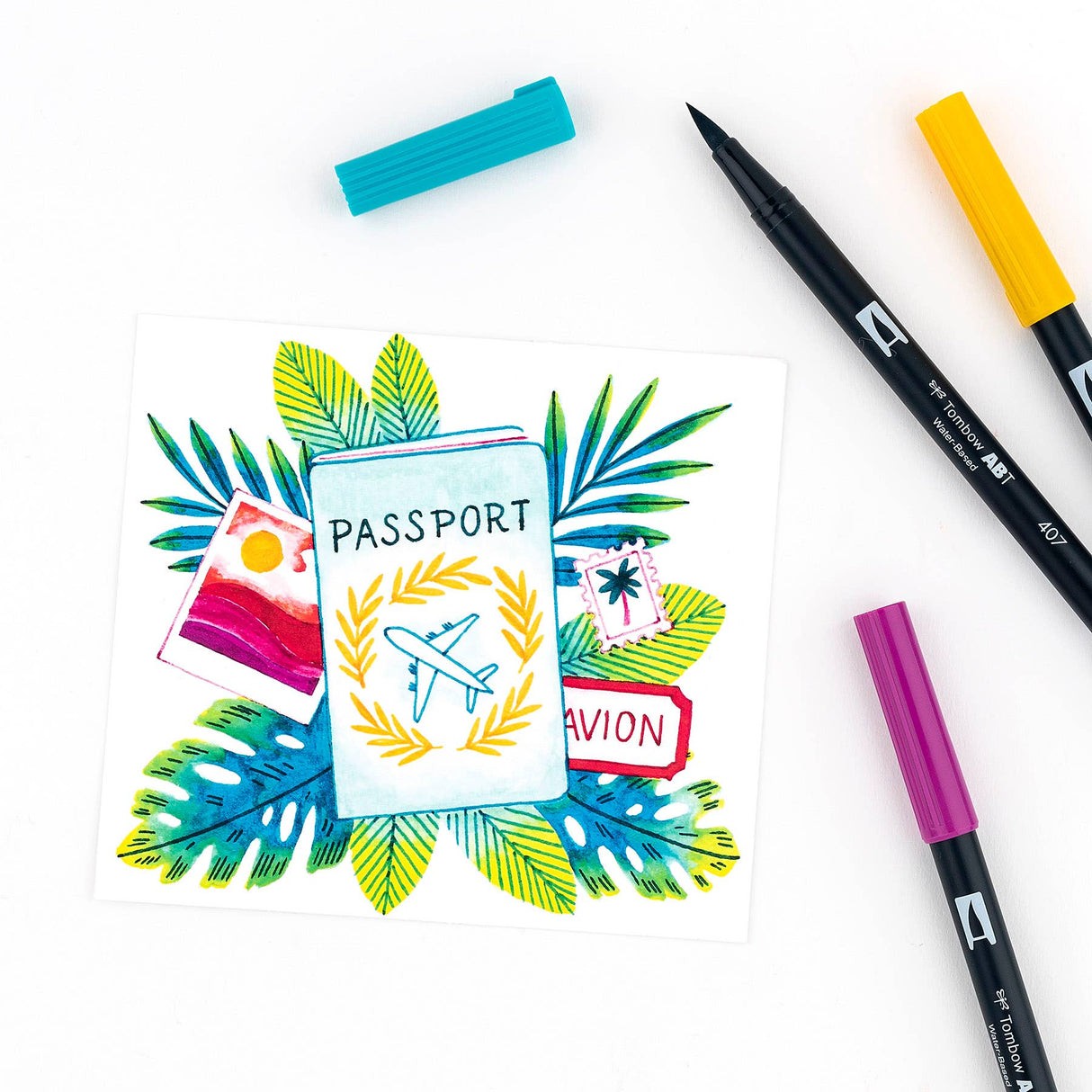 Marcadores artísticos con punta de pincel doble, paquete de 10, diseño tropical