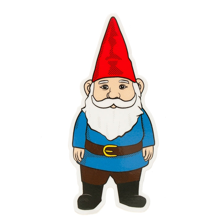 Garden Gnome Vinyl Sticker. Made in the USA. Printed on weatherproof vinyl, suitable for outdoor use. Easy crack and peel tab.