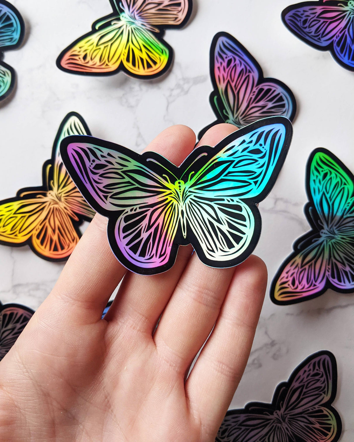 Pegatina holográfica de mariposa con arcoíris