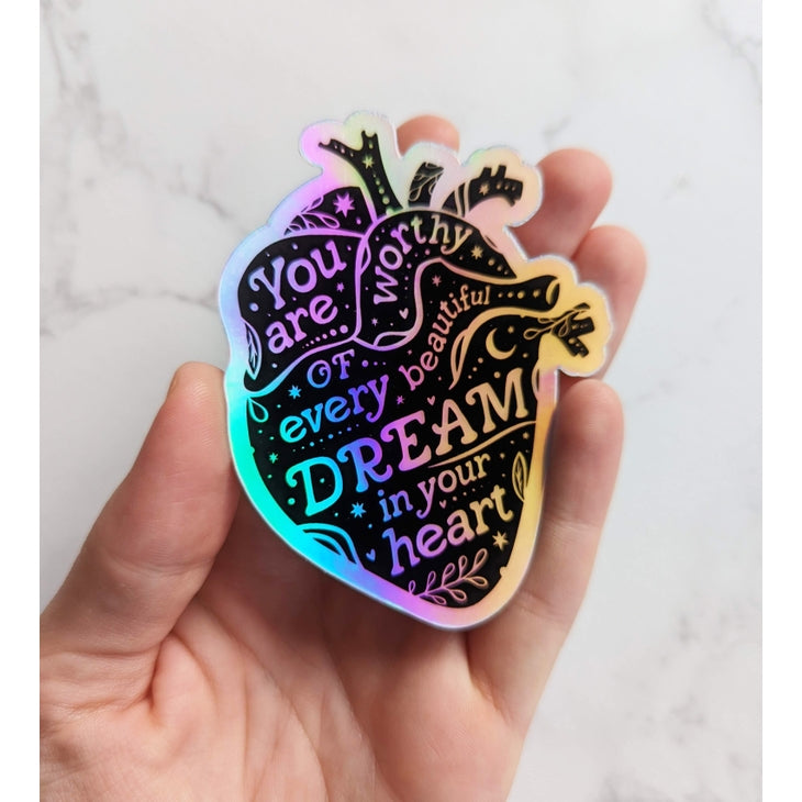 Pegatina holográfica de corazón anatómico de amor propio y sanación