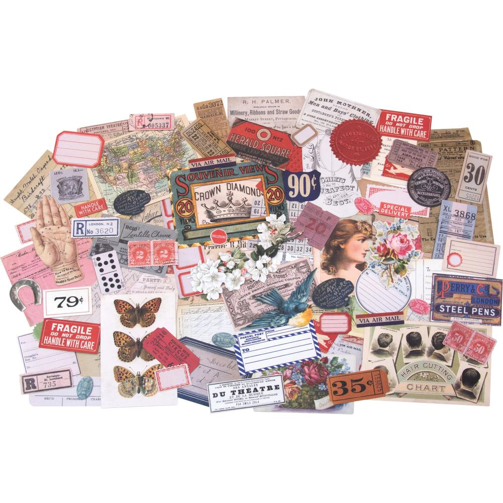 You'll love the vintage found item look of the Keepsakes Ephemera Pack from the Idea-ology Collection by Tim Holtz for Advantus. The package includes 95 assorted die cut cardstock pieces including butterflies, tickets, vintage ads and more.