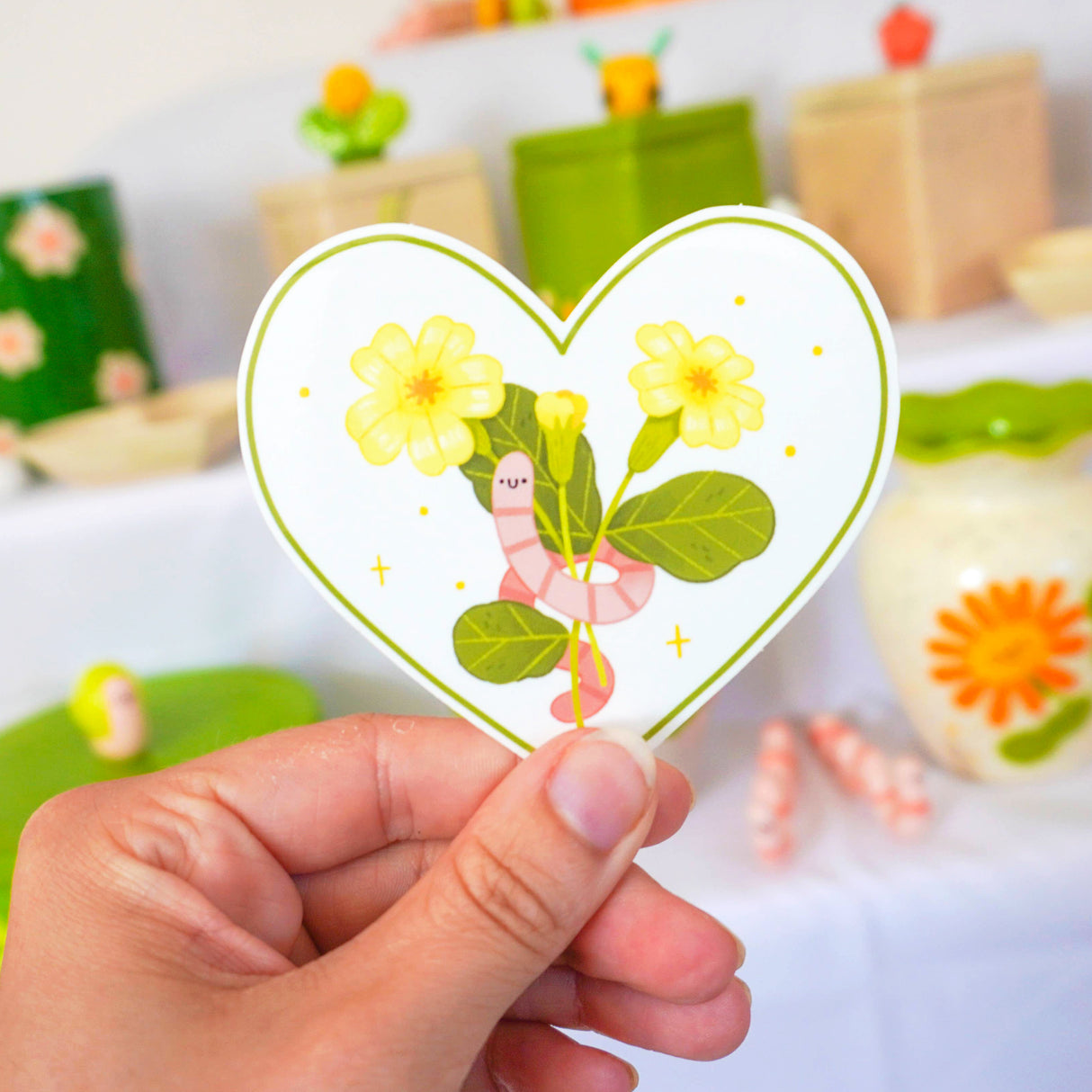 Worm Heart Flower Yellow Vinyl Sticker