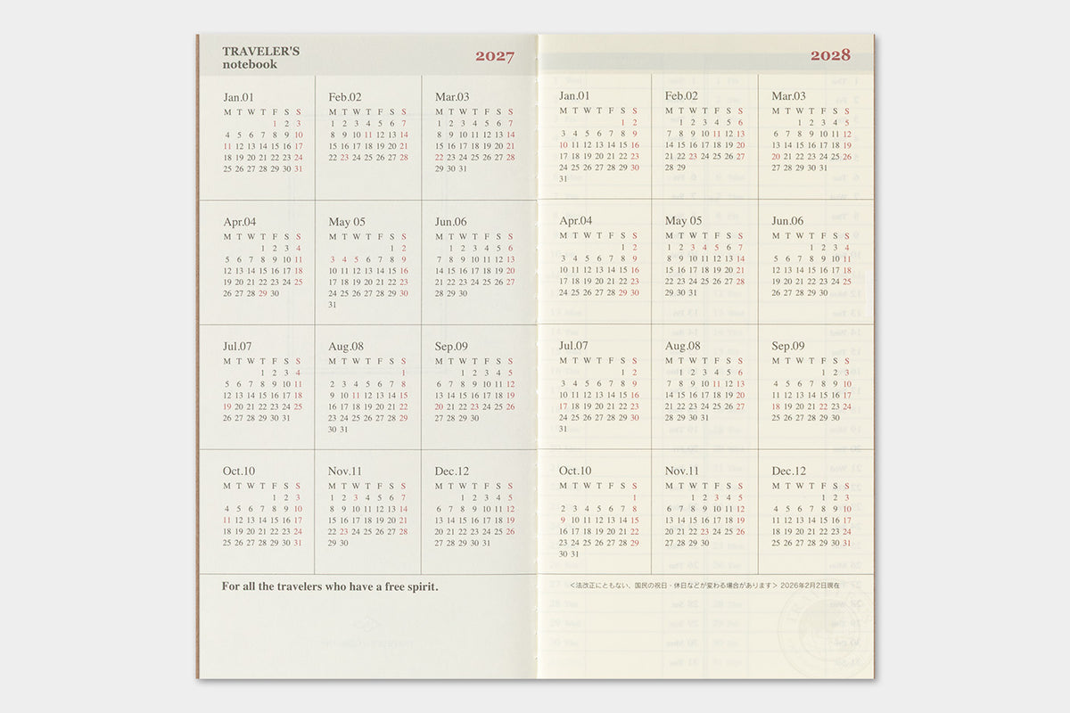 TRAVELER'S notebook 2027 Weekly + Memo Diary (Regular Size)

Welcome the upcoming year in high spirits with TRAVELER'S notebook 2027 Diary lineup where each notebook becomes unique by adding your personal flare!