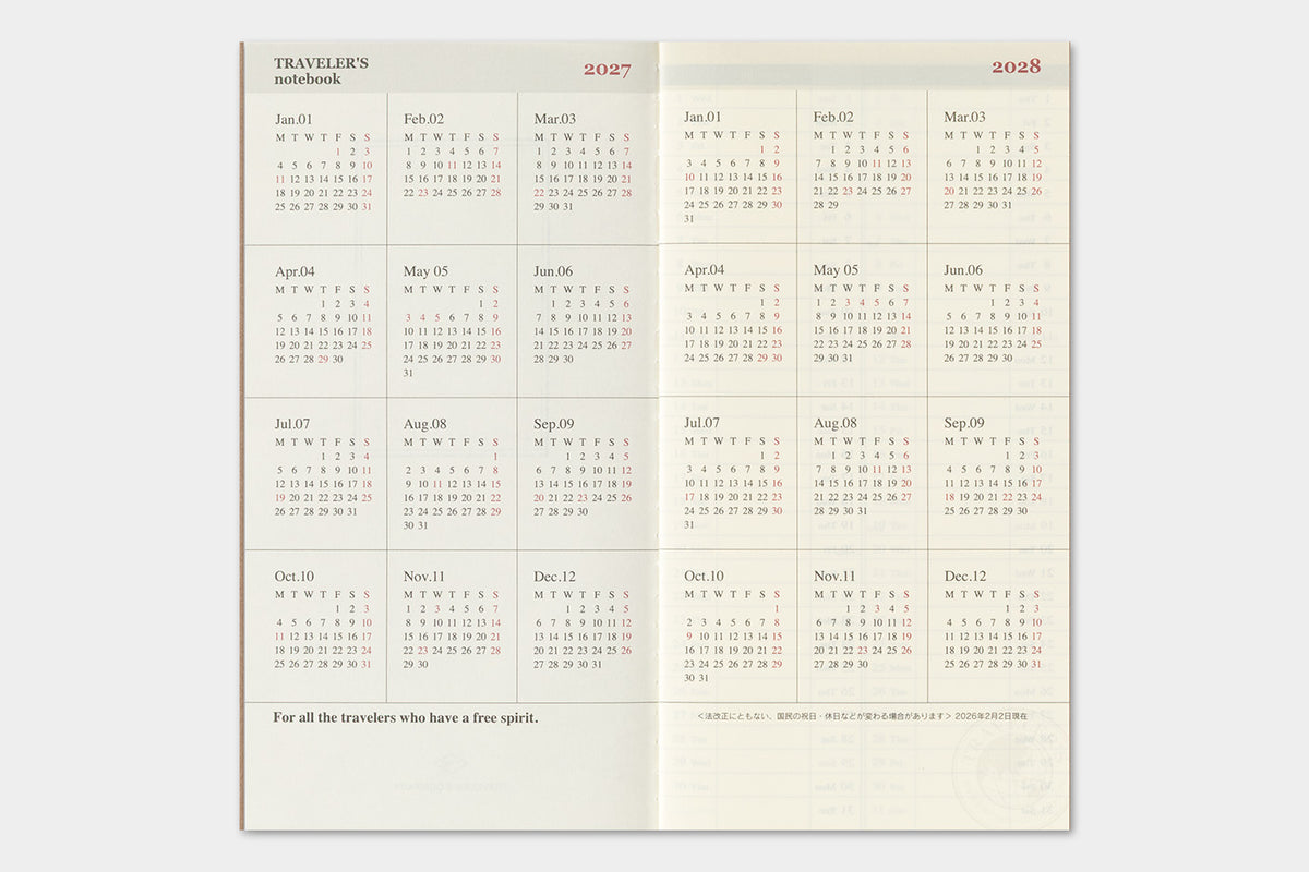 TRAVELER'S notebook 2027 Weekly Vertical Diary (Regular Size)

Welcome the upcoming year in high spirits with TRAVELER'S notebook 2027 Diary lineup where each notebook becomes unique by adding your personal flare!