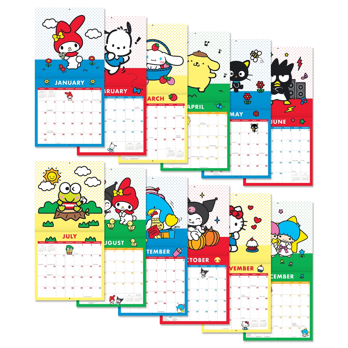 Make 2027 your best year yet with this classic 12" × 12" Hello Kitty® and Friends Wall Calendar (Jan.–Dec. 2027). Filled with super cute artwork, this 12-month calendar doubles as cheerful wall décor, brightening any space while helping you stay organized all year.

• 12"w x 12"h closed 
• 12 months (Jan.–Dec. 2027) 
• 13 pages; 150 gsm acid-free, FSC®-certified paper 
• Saddle-stitch binding 

© 2026 SANRIO CO., LTD. Used Under License.

