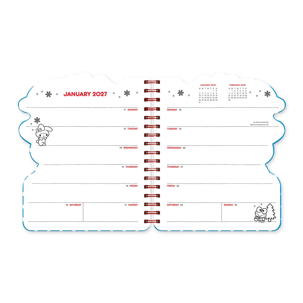 With Hello Kitty® and Friends by your side, all things are possible! This 17-month planner (Aug. 2026–Dec. 2027) features weekly planning pages filled with supercute artwork, plus extra notes pages, a two-year reference calendar, and a holiday list—everything you need to stay organized and inspired all year.

• 7.5"w × 8.5"h 
• 17 months (Aug. 2026–Dec. 2027) 
• 160 pages; 100 gsm acid-free FSC®-certified paper 
• Softcover; Twin-ring wire-o binding 

© 2026 SANRIO CO., LTD. Used Under License.
