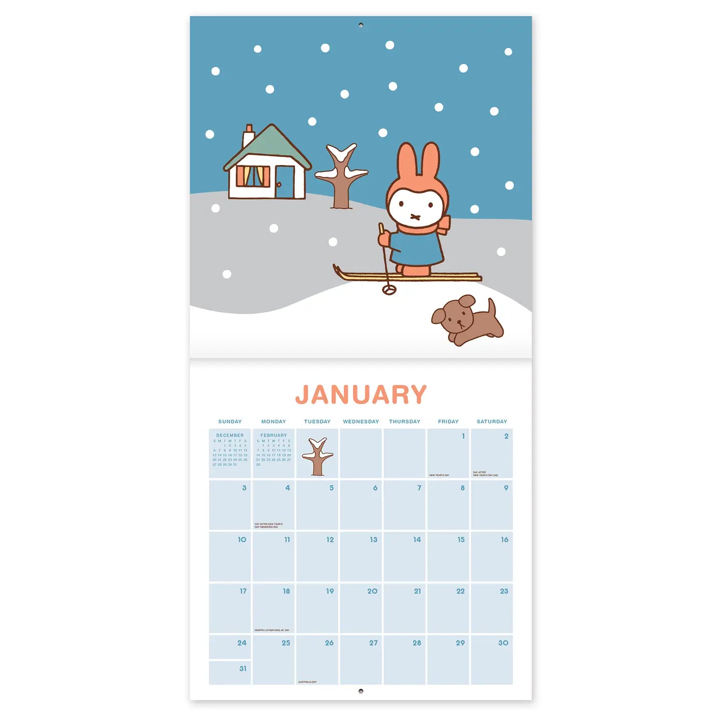 Miffy makes every season sweeter! This classic 12" × 12" Wall Calendar brings Miffy’s adventurous spirit to your home or workspace all year long. From breezy autumn bike rides to sunny springtime gardening, each month showcases Miffy and friends in soft pastel scenes that capture the magic of everyday moments—plus roomy calendar grids with plenty of room to jot down plans, reminders, and special occasions.

• 12"w x 12"h closed 
• 12 months (Jan.–Dec. 2027) 
• 13 pages; 150 gsm acid-free, FSC®-certified pap