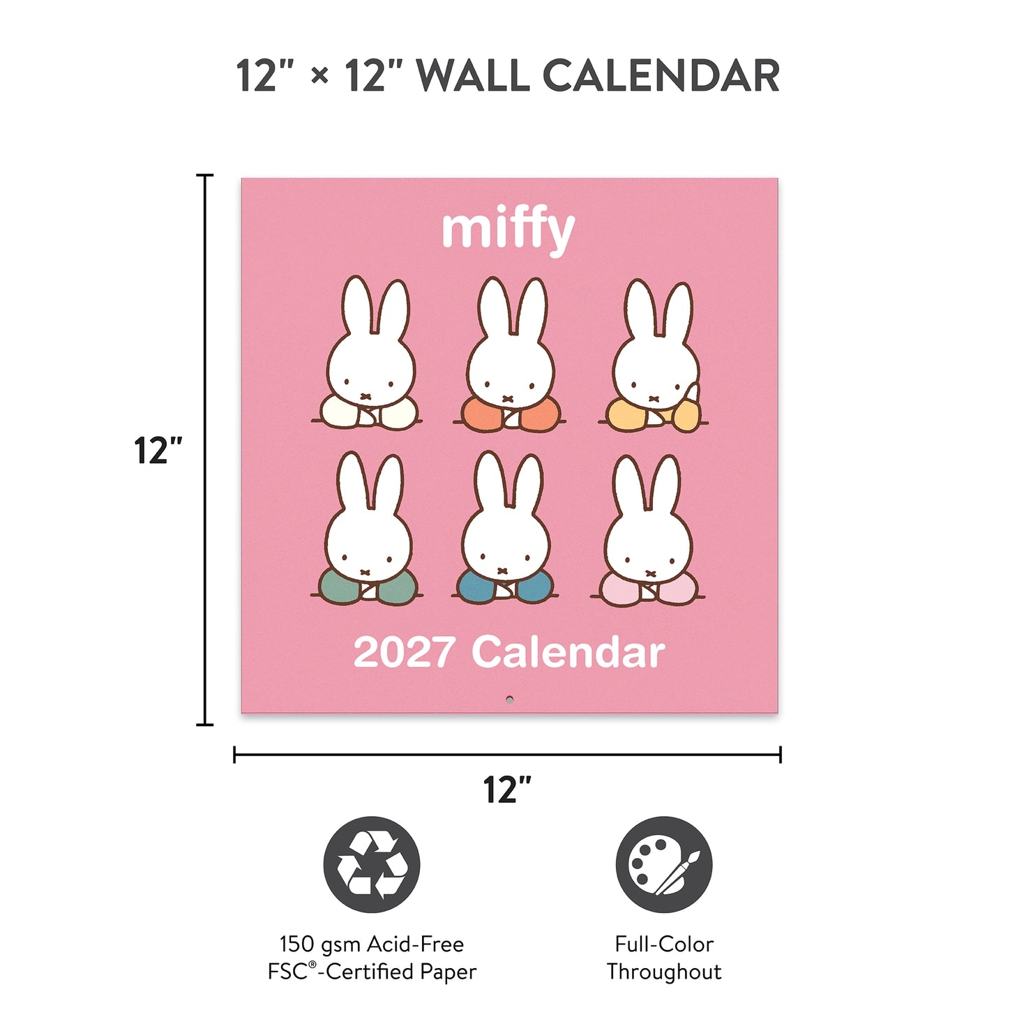 Miffy makes every season sweeter! This classic 12" × 12" Wall Calendar brings Miffy’s adventurous spirit to your home or workspace all year long. From breezy autumn bike rides to sunny springtime gardening, each month showcases Miffy and friends in soft pastel scenes that capture the magic of everyday moments—plus roomy calendar grids with plenty of room to jot down plans, reminders, and special occasions.

• 12"w x 12"h closed 
• 12 months (Jan.–Dec. 2027) 
• 13 pages; 150 gsm acid-free, FSC®-certified pap