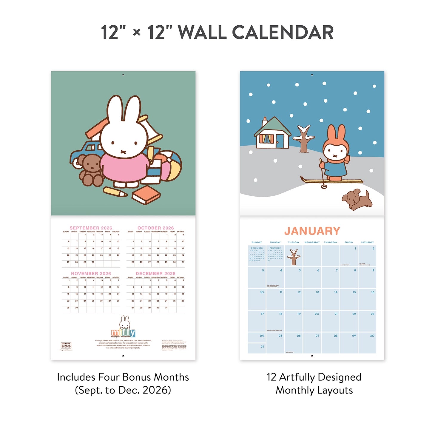 Miffy makes every season sweeter! This classic 12" × 12" Wall Calendar brings Miffy’s adventurous spirit to your home or workspace all year long. From breezy autumn bike rides to sunny springtime gardening, each month showcases Miffy and friends in soft pastel scenes that capture the magic of everyday moments—plus roomy calendar grids with plenty of room to jot down plans, reminders, and special occasions.

• 12"w x 12"h closed 
• 12 months (Jan.–Dec. 2027) 
• 13 pages; 150 gsm acid-free, FSC®-certified pap
