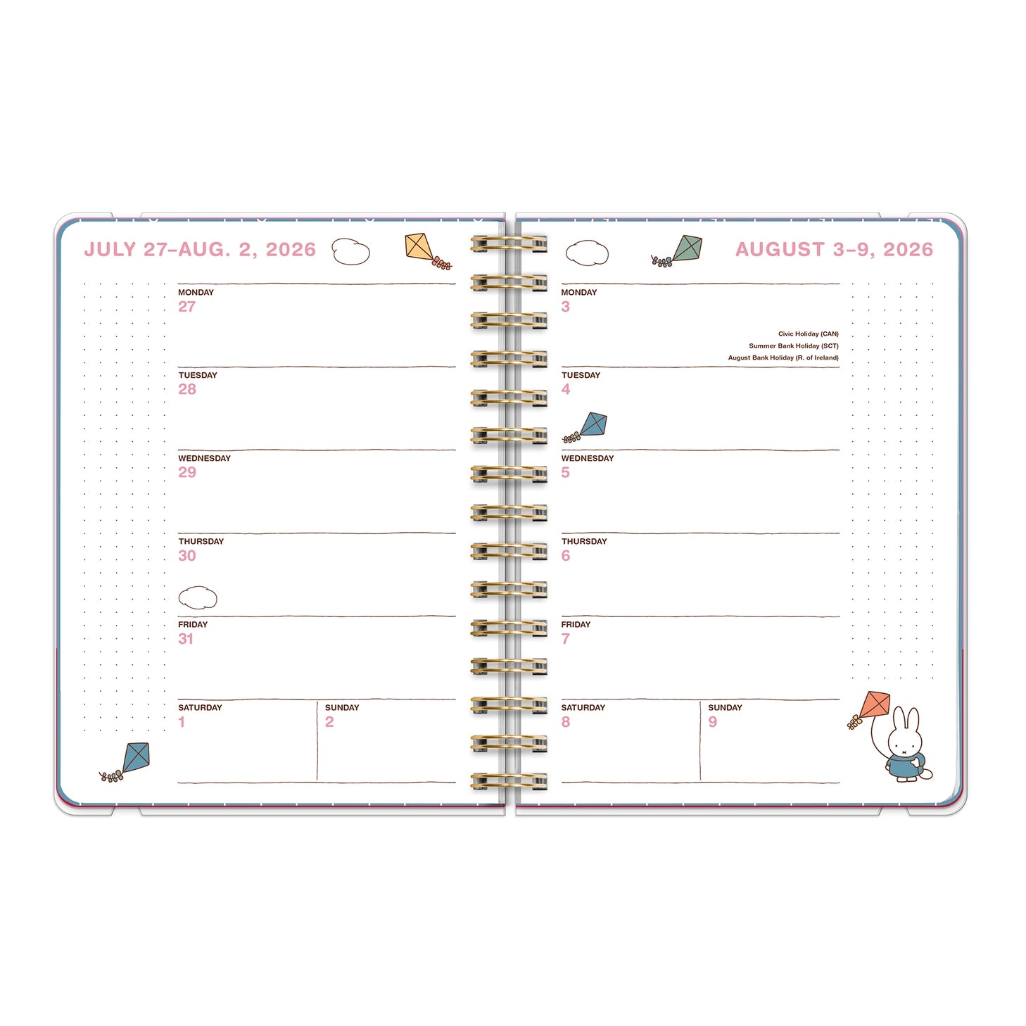Whether you're jotting down big dreams or small reminders, Miffy is here to keep you inspired all year. This petite 17-month planner (Aug. 2026–Dec. 2027) offers convenient monthly and weekly planning pages with plenty of space to capture important dates and to-dos. Full-color artwork, extra notes pages, and a secure elastic closure make this a must-have all-in-one organizing tool!

• 5.7"w × 7.6"h 
• 17 months (Aug. 2026–Dec. 2027) 
• 128 pages; 100 gsm acid-free FSC®-certified paper 
• Softcover; Twin-rin