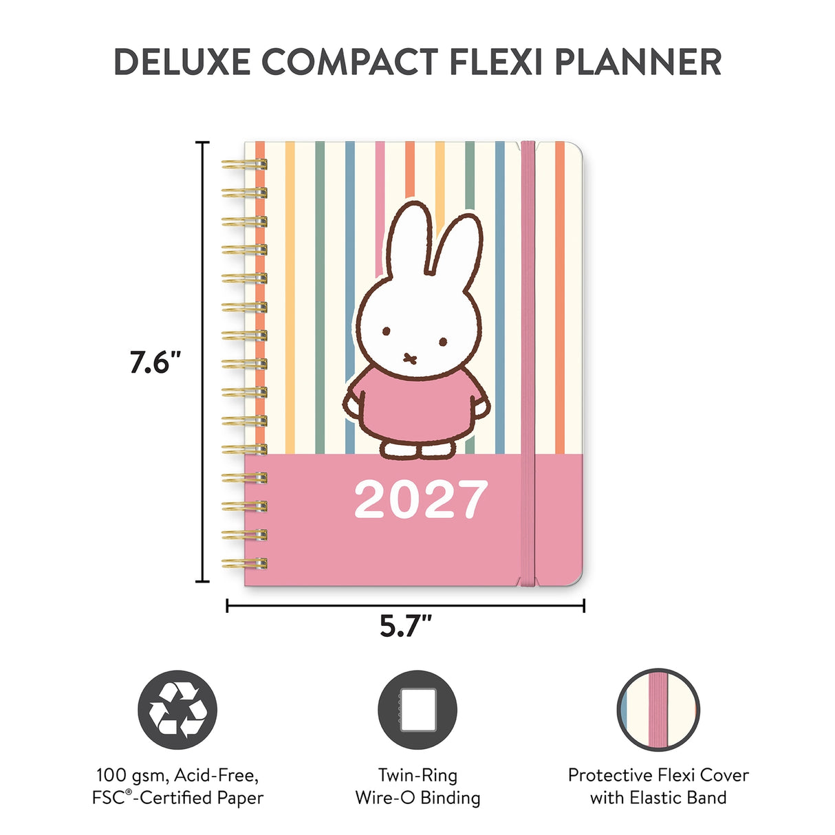 Whether you're jotting down big dreams or small reminders, Miffy is here to keep you inspired all year. This petite 17-month planner (Aug. 2026–Dec. 2027) offers convenient monthly and weekly planning pages with plenty of space to capture important dates and to-dos. Full-color artwork, extra notes pages, and a secure elastic closure make this a must-have all-in-one organizing tool!

• 5.7"w × 7.6"h 
• 17 months (Aug. 2026–Dec. 2027) 
• 128 pages; 100 gsm acid-free FSC®-certified paper 
• Softcover; Twin-rin