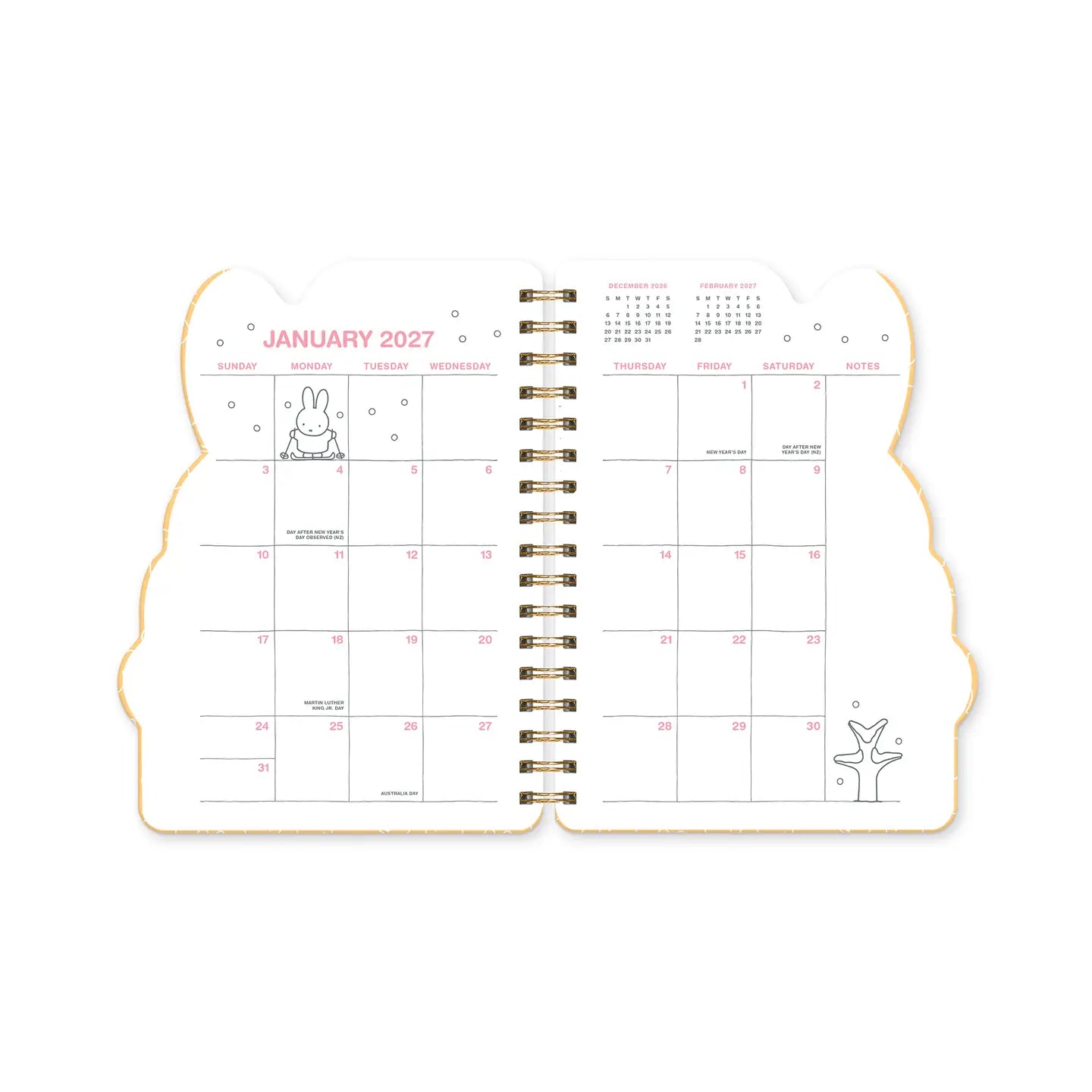 Every day's a little brighter with Miffy by your side! This 17-month planner (Aug. 2026–Dec. 2027) features weekly planning pages filled with adorable Miffy artwork, plus extra notes pages, a two-year reference calendar, and a holiday list—everything you need to stay organized and inspired all year. 

• 7.5"w × 8.5"h 
• 17 months (Aug. 2026–Dec. 2027) 
• 160 pages; 100 gsm acid-free FSC®-certified paper 
• Softcover; Twin-ring wire-o binding 

© Mercis bv