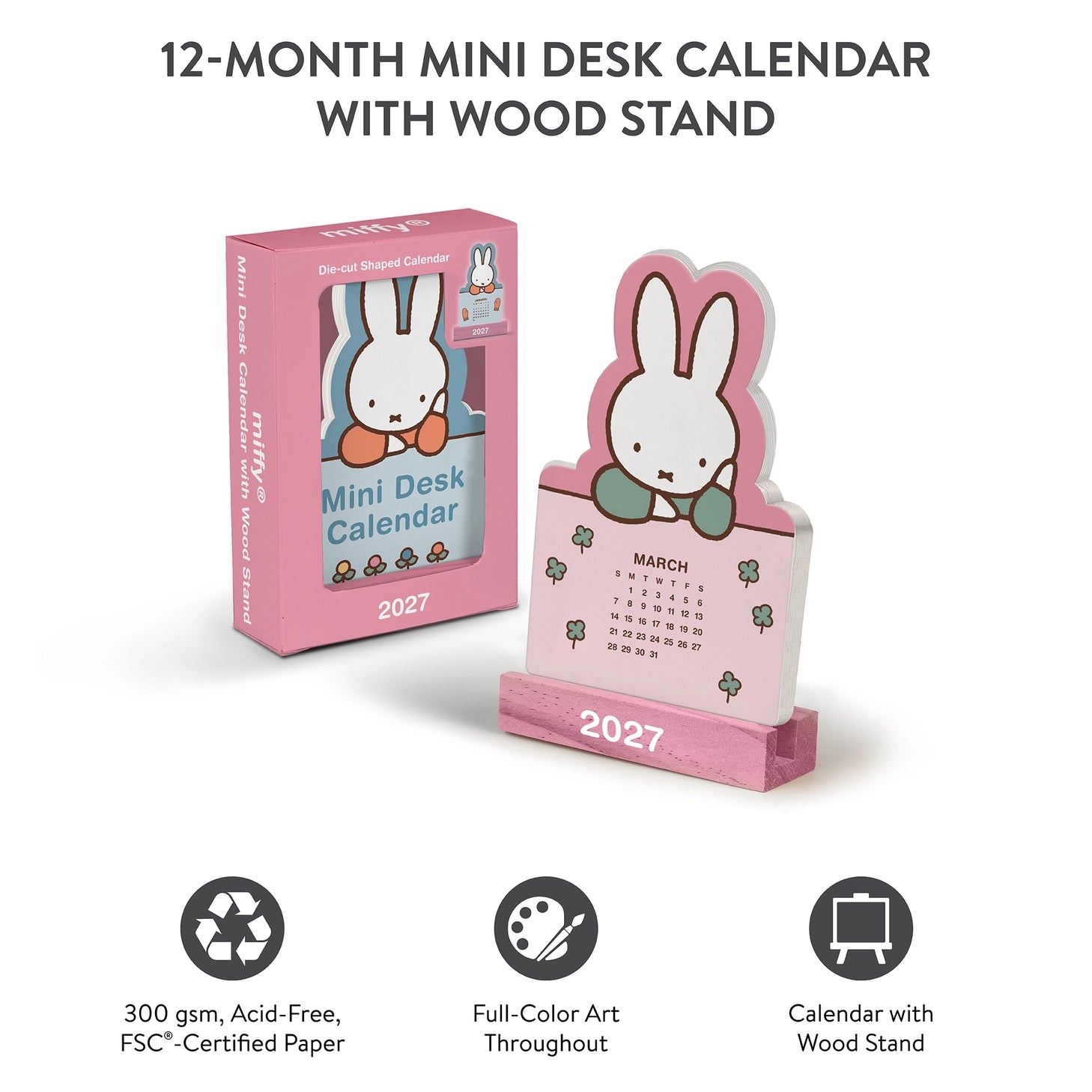 Welcome the new year with this adorable Miffy Desk Calendar (Jan.–Dec. 2027). Each month is printed on a sturdy, die-cut card featuring the iconic bunny in pastel colors and seasonal artwork. Place the current month on the included wooden stand for a sweet, simple calendar reference you’ll enjoy all year long.

• Box: 3.75"w x 5.25"h 
• 12 months (Jan.–Dec. 2027) 
• 13 sheets; 300 gsm acid-free, FSC®-certified paper 
• Shrink-wrapped in paper box 
• Includes sturdy wood stand 

© Mercis bv