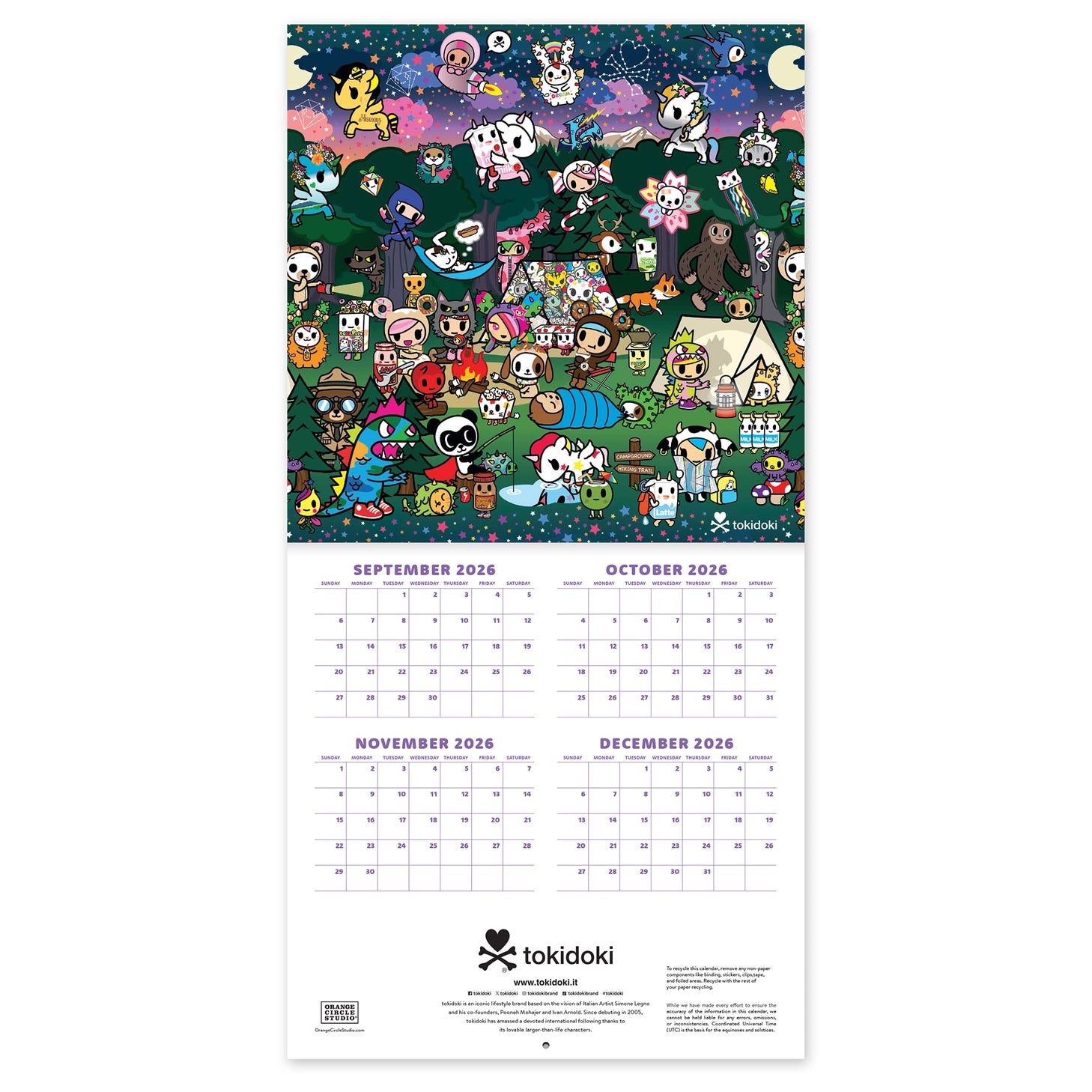 Adventure through the year with the iconic tokidoki™ crew! This 7" × 7" Wall Calendar (Jan.–Dec. 2027) is not too big or too small—it's just the right size to help keep your days on track while doubling as adorable wall art that brightens every space.

• 7"w x 7"h closed 
• 12 months (Jan.–Dec. 2027) 
• 13 pages; 150 gsm acid-free, FSC®-certified paper 
• Saddle-stitch binding