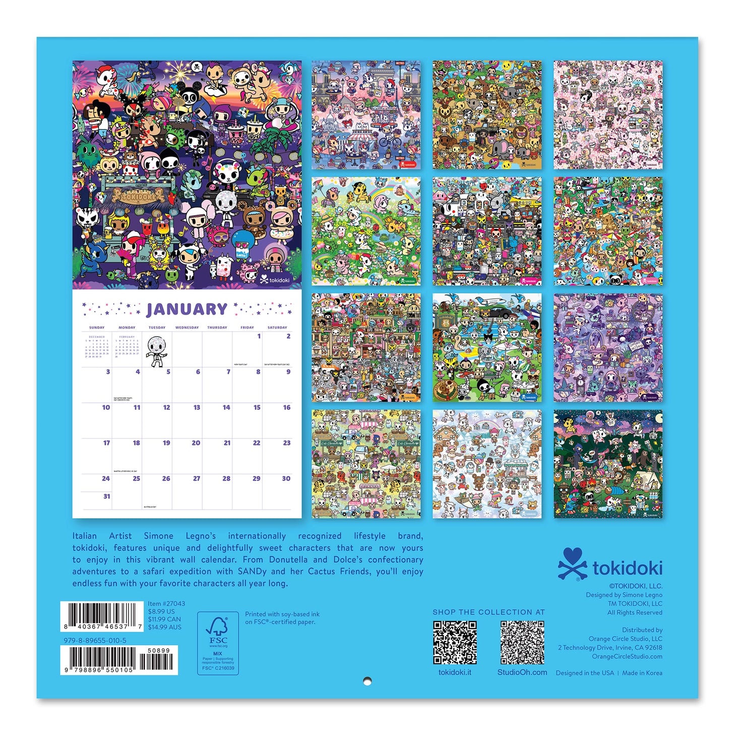 Adventure through the year with the iconic tokidoki™ crew! This 7" × 7" Wall Calendar (Jan.–Dec. 2027) is not too big or too small—it's just the right size to help keep your days on track while doubling as adorable wall art that brightens every space.

• 7"w x 7"h closed 
• 12 months (Jan.–Dec. 2027) 
• 13 pages; 150 gsm acid-free, FSC®-certified paper 
• Saddle-stitch binding
