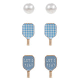 Juego de pendientes con forma de botón esmaltados con temática de pickleball