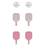 Juego de pendientes con forma de botón esmaltados con temática de pickleball