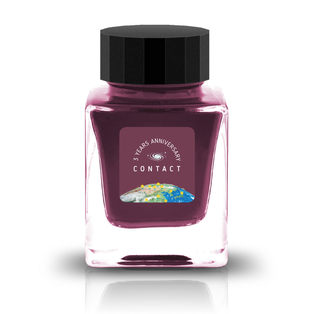 The Three-Year Anniversary Contact Collection features rich, vibrant colors with a smooth writing experience and fascinating characteristics such as shimmer and scent. The “Super” inks contain iridescent shimmer particles that shift color with the light, while the scented inks add a sensory twist to your writing. Please note that scented inks may feather when a large amount is applied—using fountain pen–friendly paper is recommended for the best results.