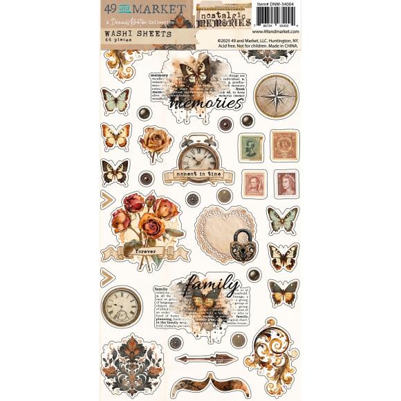 Step back in time with Dennis Bruton's Nostalgic Memories Washi Sheets, the perfect embellishment for your scrapbooks, journals, cards, and craft projects! This set features two sheets of high-quality washi material to capture that beautiful, vintage feel.

Sheet 1: Iconic Imagery

This full sheet is packed with individual washi stickers featuring classic, charming designs. You'll find a delightful collection of florals, ornate stamps, elegant butterflies, and more to instantly add a touch of timeless beaut