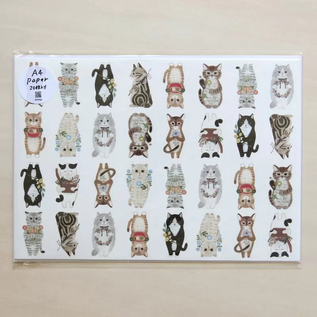 Featuring charming watercolor of different cats from Japanese illustrator 4legs.

This A4 sized paper set includes 20 sheets of paper with the same design featuring over 12 different cat drawings. Perfect to use as wrapping paper,&nbsp;making small bags, or using it as a book cover.

Contents: 20 sheets
Size: A4 size (210×297mm)
Paper type/thickness: About the thickness of copy paper