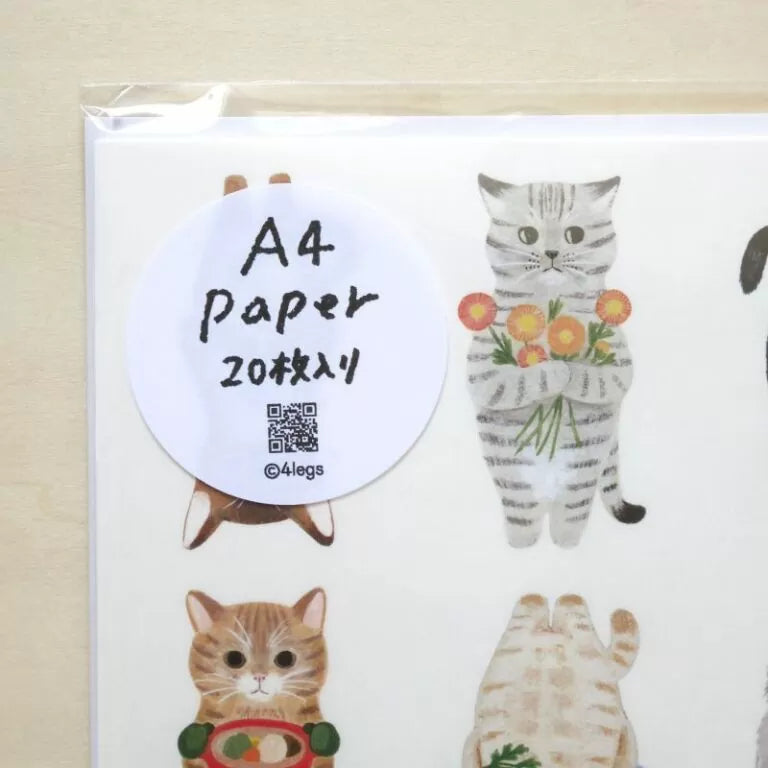 Featuring charming watercolor of different cats from Japanese illustrator 4legs.

This A4 sized paper set includes 20 sheets of paper with the same design featuring over 12 different cat drawings. Perfect to use as wrapping paper,&nbsp;making small bags, or using it as a book cover.

Contents: 20 sheets
Size: A4 size (210×297mm)
Paper type/thickness: About the thickness of copy paper