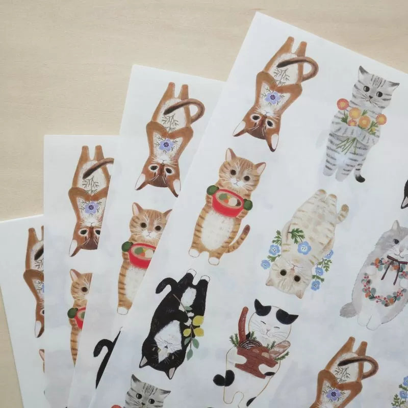 Featuring charming watercolor of different cats from Japanese illustrator 4legs.

This A4 sized paper set includes 20 sheets of paper with the same design featuring over 12 different cat drawings. Perfect to use as wrapping paper,&nbsp;making small bags, or using it as a book cover.

Contents: 20 sheets
Size: A4 size (210×297mm)
Paper type/thickness: About the thickness of copy paper