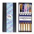 This set includes 5 sets of chopsticks with a red floral pattern inside a gift box.&nbsp;

Material: Bamboo&nbsp;
Size: 9"L
Origin: China