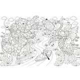 Coloring page with a boat journey through a forest and river landscape.