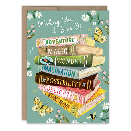 A Year of Wishes Book Stack Birthday Card

Inside verse: May this year be the best one yet. Happy Birthday!

• Gold foil details
• Illustrated by Katie Daisy
• Pre-priced
• Size: A6, 4.5" x 6.25"
• Paired with a Kraft envelope
• Printed in the USA on beautiful FSC-certified 10% post-consumer waste recycled paper.

About The Artist: Katie Daisy was raised by the birds and warm breezes of small-town Lindenwood, Illinois, brought up among the wildflowers with roots planted deeply in the natural world. Working 
