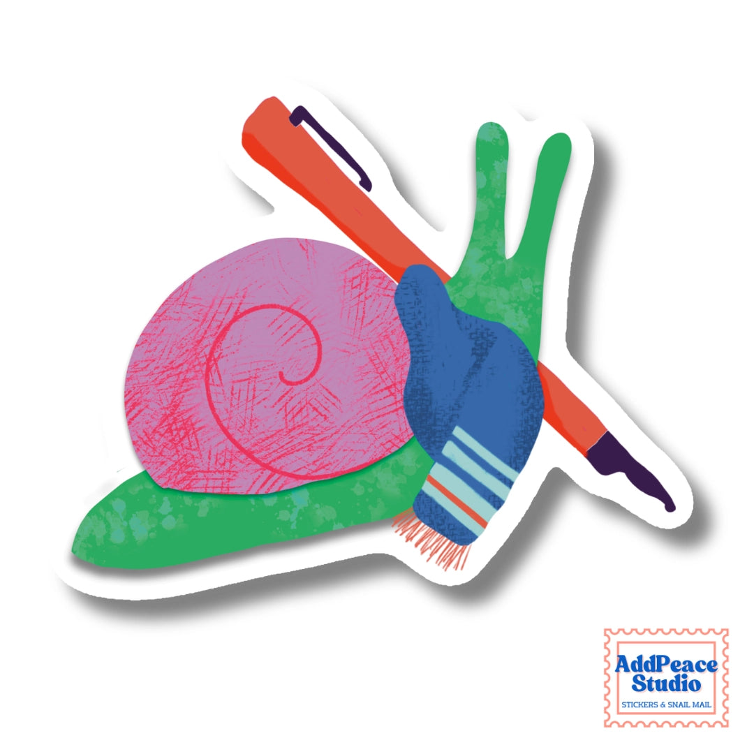 AddPeace Studio - Writing Snail Vinyl Sticker

This illustrated sticker features a snail wrapped in a scarf and holding a fountain pen, fully in its element. Thoughtful, creative, and a little poetic, it’s made for anyone who feels at home with pen in hand and ideas waiting to be written.

Details:


Size: 2.5"
Material: Waterproof, scratch-resistant matte vinyl

Made in USA, original artwork by AddPeace Studio