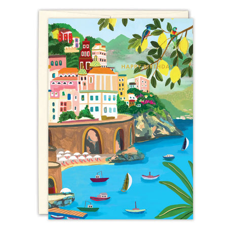 Amalfi Coast Birthday Card

Inside verse: Bright wishes for a wonderful year

• Gold foil details
• Illustrated by Hebe Studio
• Pre-priced
• Size: A6, 4.5" x 6.25"
• Paired with a kraft envelope
• Printed in the USA on beautiful FSC-certified 10% post-consumer waste recycled paper.
• Eco-friendly, 100% recyclable
• Plastic-free packaging

About The Artist: Rhi James, the artist behind Hebe Studio, is a UK designer living in Perth, Australia. Created from Rhi’s love of travel, her designs are based on her a