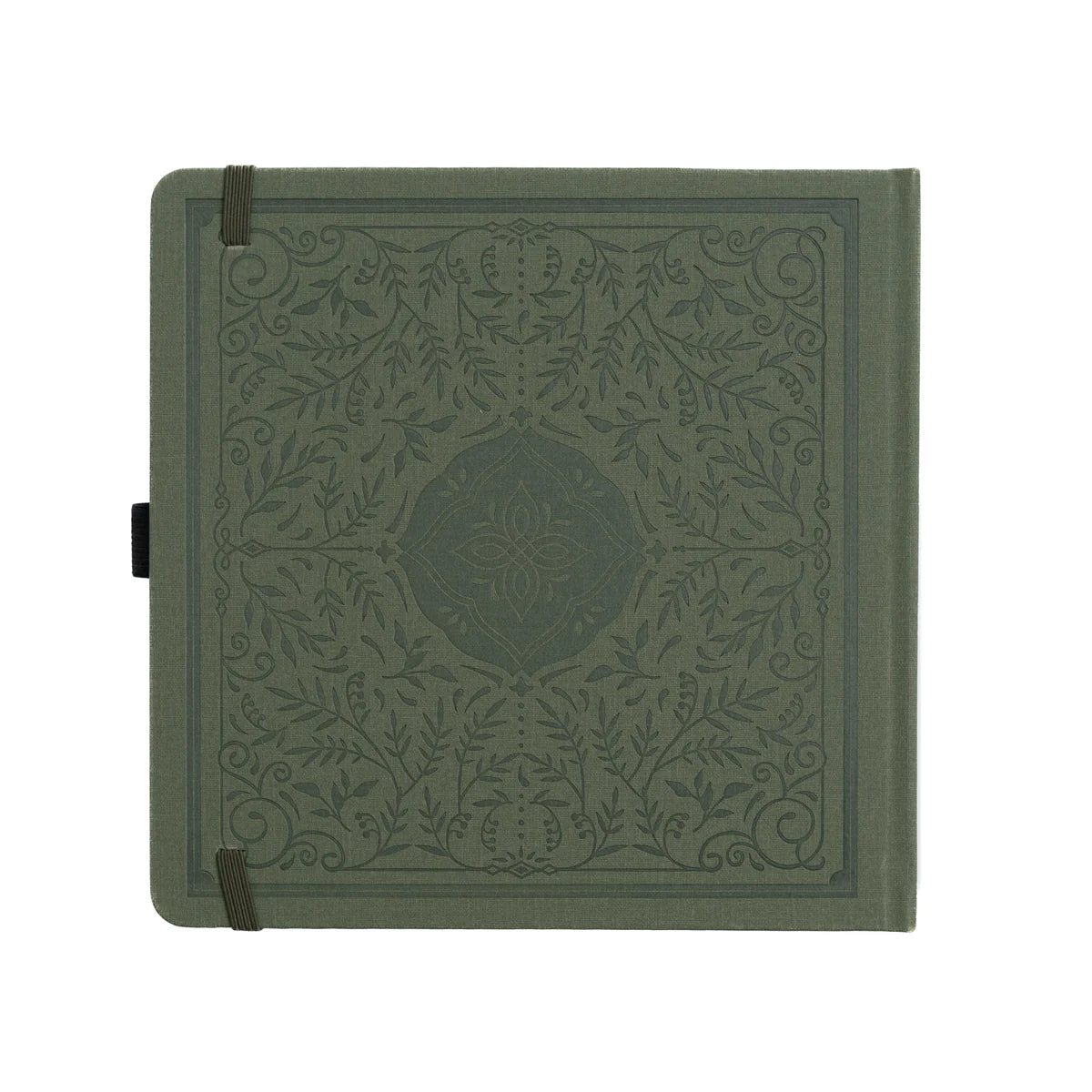 Introducing the Storybook Notebook, featuring an intricate full cover design inspired by vintage special edition books, part debossed and part hand stamped with gold foil on a vintage olive vegan leather cover. This design spans the full notebook, with special debossed and foiled details on the back cover, spine and front cover.