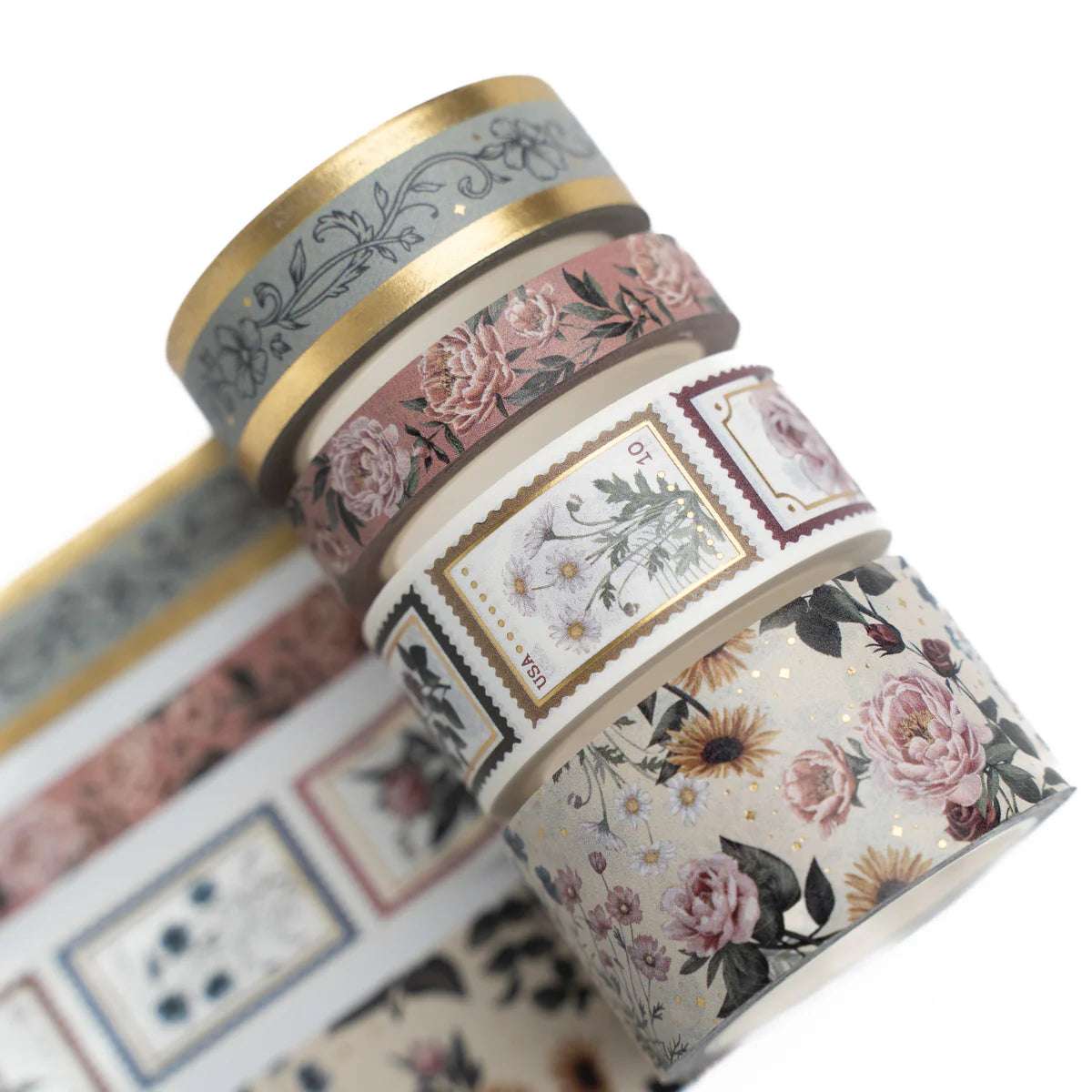 Appreciate intricate vintage designs&nbsp;with our&nbsp;Antique Floral Washi Tape.&nbsp;This set of&nbsp;4 Washi Tapes&nbsp;is&nbsp;inspired by classic florals with a vintage twist. It includes three rolls of rose and sunflower designs with one roll of a decorative stamp design, in various sizes with a rustic color palette.

Washi Tape is the perfect stationery supply to use for journaling, gift wrapping, crafting or any decorative purposes you wish to enhance with an enchanting rustic elegance.

So if you 