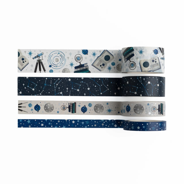 A dreamy celestial washi tape set inspired by stargazing, constellations, and drifting meteor trails. This coordinated collection features star-scattered skies, astronomy books, telescopes, planets, and deep midnight tones—perfect for adding a cosmic touch to planners and creative spreads.