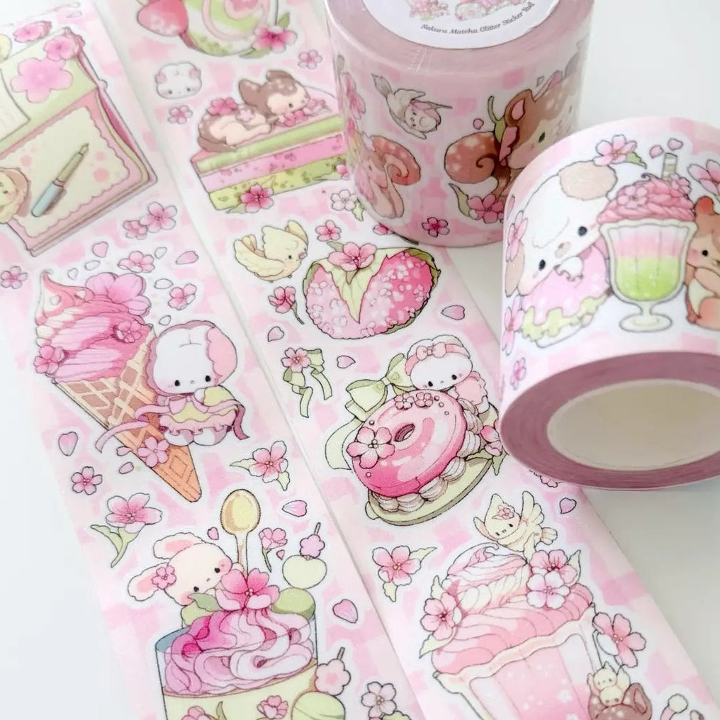 Decorate your journal spreads with this adorable kisscut sticker roll featuring a sparkling glitter texture lamination for an extra magical touch! Perfect for planners, scrapbooking, happy mail, and cozy stationery setups.

Product details:

50mm x 5m (repeat is 800mm)
Vinyl Matte with glitter sand lamination