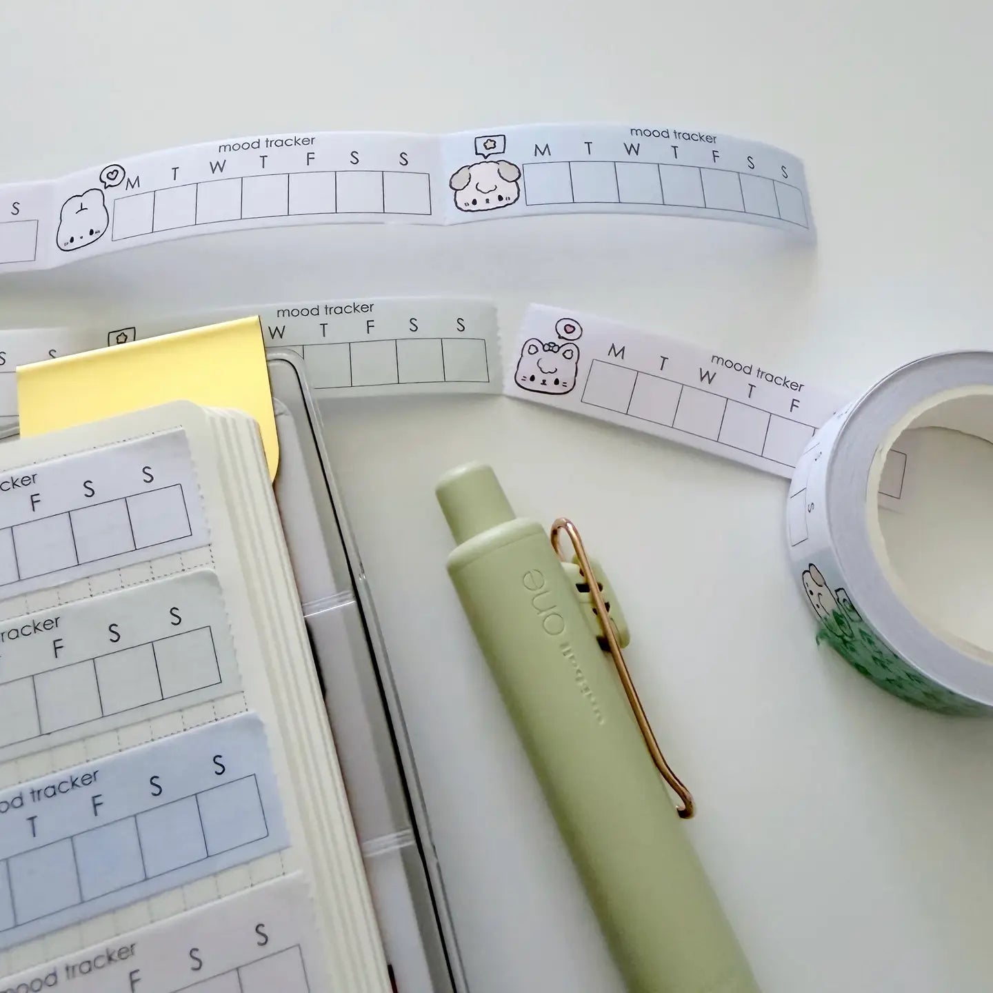 Track your days with this minimalist Mood Tracker Memo Tape designed for planners, journaling, and everyday reflection. The simple and functional layout makes it easy to record moods, habits, or daily feelings while keeping your spreads clean and organized.

Perfect for Hobonichi Weeks, planners, bullet journals, and notebooks, this compact design pairs beautifully with any stationery aesthetic.

˚ʚ♡ɞ˚ Product Specifications:
☆ Size: 15mm x 5m
☆ Mood tracker design
☆ Great for planners and journaling
☆ Mini
