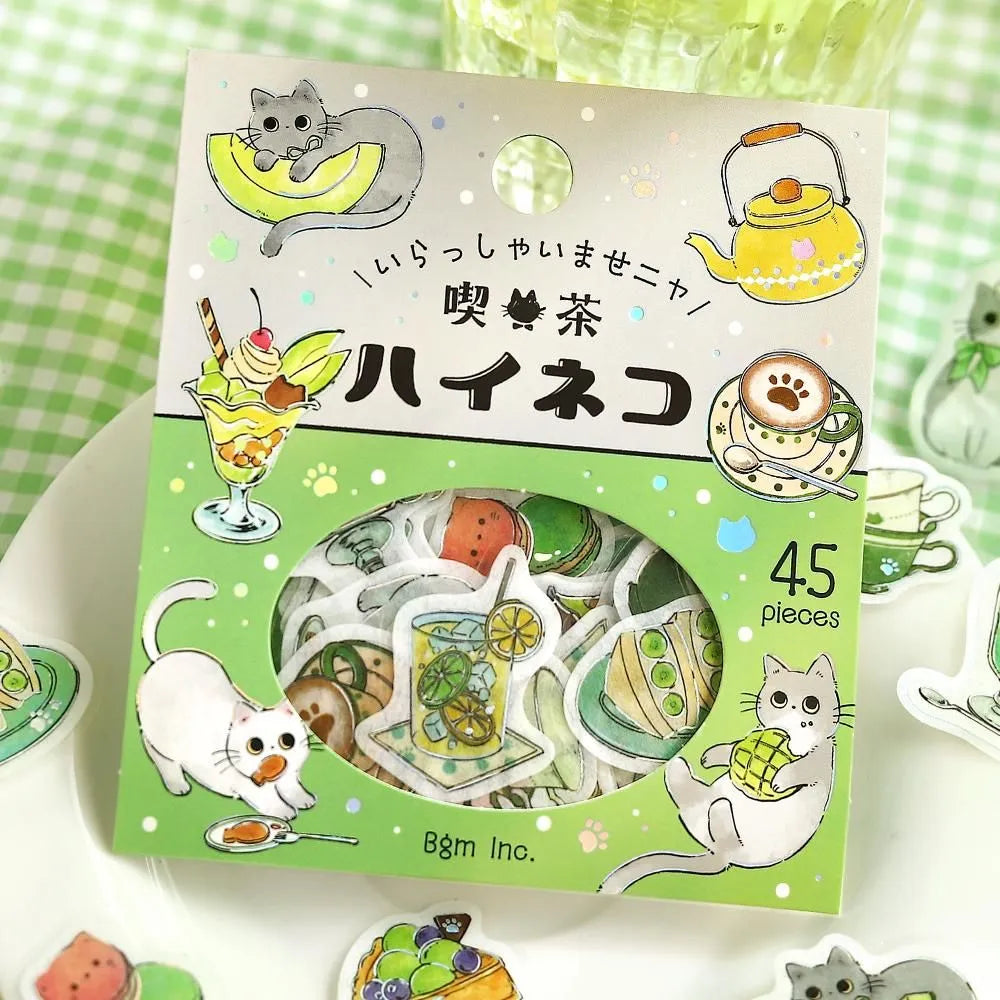 The popular masking tape series "Cafe Kuroneko" has now become stickers!

Not only Kuroneko, but also Heineko, Mikeneko, and Shiro-Neko have joined the group. Each cat gathers here as a café with its own unique personality.
"Welcome, meow!"

Contents: 15 designs x 3 sheets
Material: Japanese paper