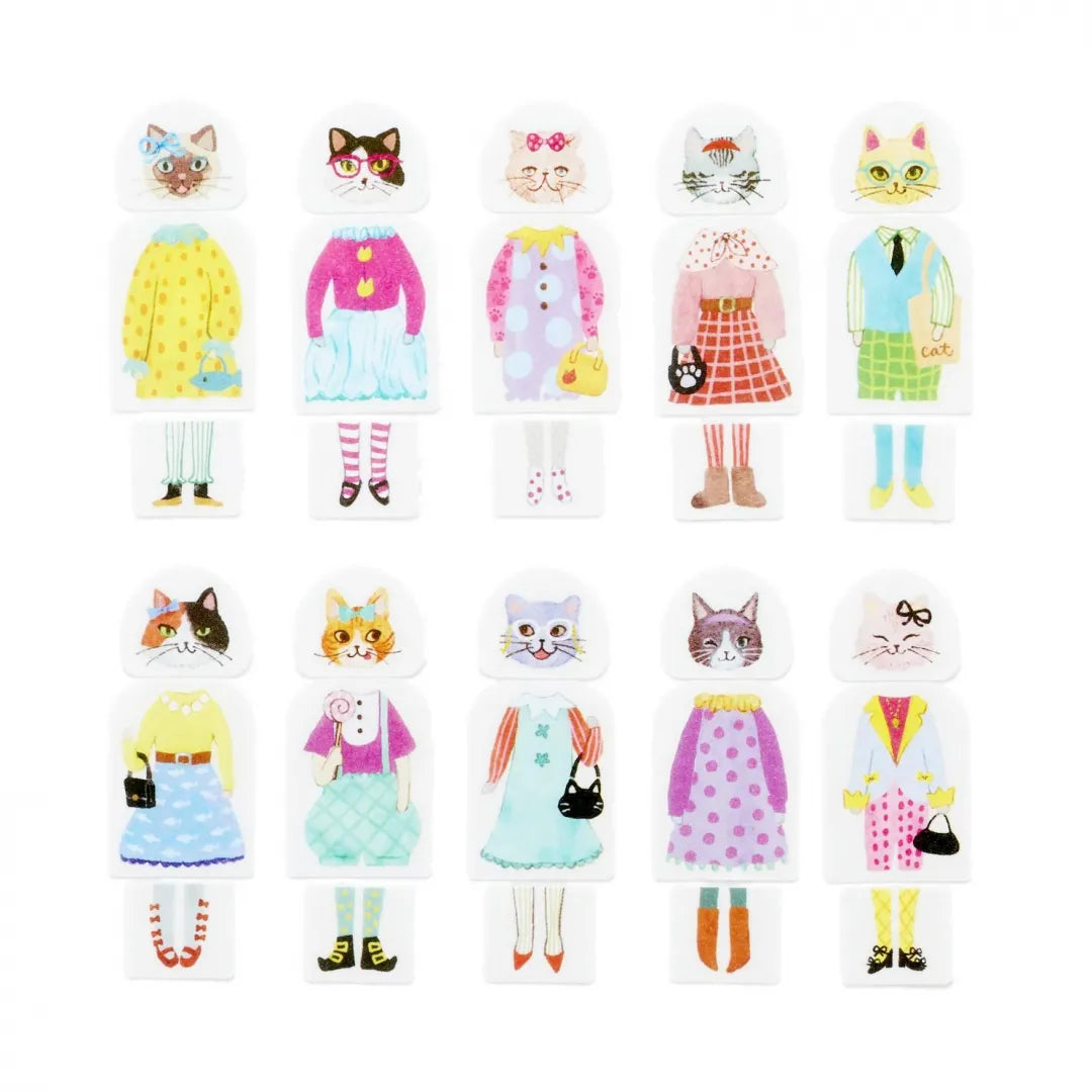 The 'Dress-Up' series lets you swap faces, bodies, and legs for lots of fun unique designs.&nbsp;Stylish girls living in the cat town are invited to girls' gatherings where they chat and have a dress-up party.

Product size: Head height 15mm× width 18mm,
Body height 27mm× width 20mm,
foot height 13mm× width 15mm
Pattern types: 10 each
Number of sheets: 80 sheets
Packaging size:&nbsp;Height 51mm× Width 79mm× Depth 79mm