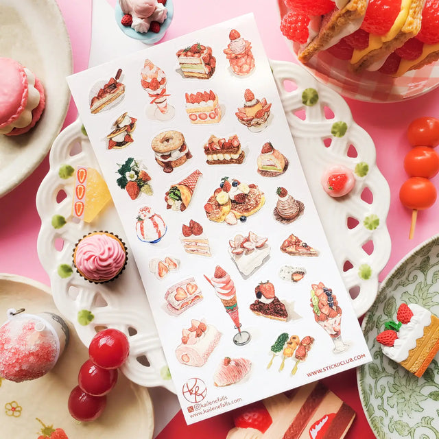 STICKII - Berry Bliss Sticker Sheet

🍰🧁 Enjoy a berry blissful feast with @kailenefalls' strawberry dessert spread! This mouthwatering collection is stacked high with fluffy cakes, delish parfaits, syrupy pancakes, and pastries that look almost too pretty to eat (almost!). Go ahead, indulge your sweet tooth and sprinkle some strawberry joy wherever you stick them! Art by: @kailenefalls

Top Coating: None
Adhesive Layer: Paper
Backing Layer: Paper
6.69" x 3.54".
Weight - 0.03lbs.
1 sheet included &nbsp;