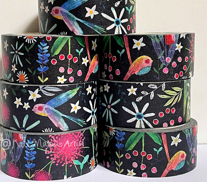 Cinta washi con estampado floral de primavera en color negro 
