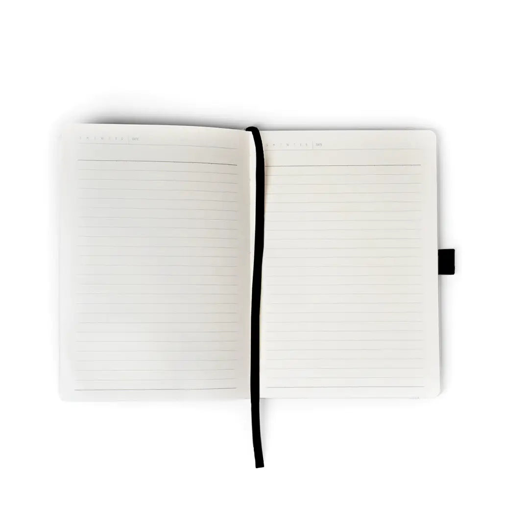 A premium soft-touch hardbound cover and smooth, lined pages make writing easy and enjoyable. The Smythe-sewn layflat binding keeps the notebook open for effortless note-taking, and the satin ribbon helps you mark your favorite pages.

New inside page design
Soft Touch Hardcover
5.75" x 8.25"
144 Lined Pages
Contrast Endpages
Bookmark, Pen Loop, &amp; Elastic Closure