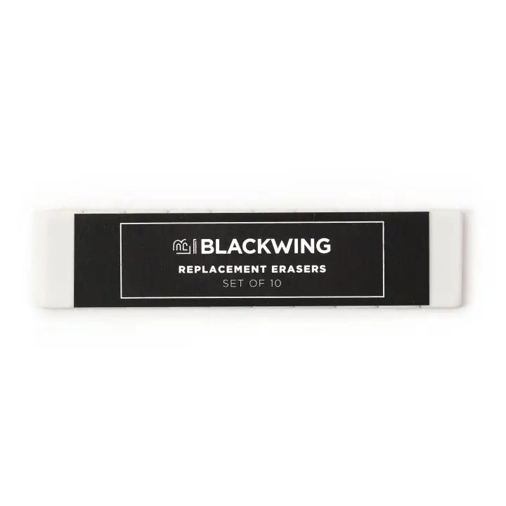 Blackwings have always been known for their iconic, replaceable, square erasers. To replace your eraser, slide the eraser and clip out of the ferrule, remove the clip from the old eraser, place the new eraser into the clip, and insert the new eraser and clip into the ferrule.

Replacement erasers come in sets of 10 and are available in black, white, pink, green, blue, navy blue, orange, yellow, red and grey.