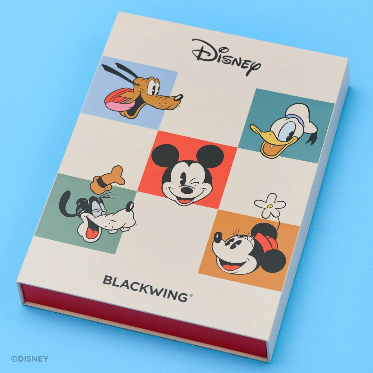 This Notebook Essentials Set includes 6 Blackwing pencils featuring Mickey Mouse, Minnie Mouse, Pluto, Goofy, Donald Duck, and Daisy Duck. It also includes a Mickey Mouse Pencil Sharpener, a Mickey Mouse Point Guard, and a medium Mickey & Minnie Mouse notebook with blank paper.